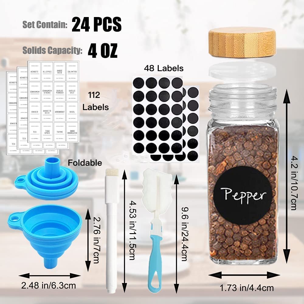 24 Pcs Glass Spice Jars, 120ml Square Spice Containers with Spice Labels, Shaker Lids  and Whiteboard Pen Included