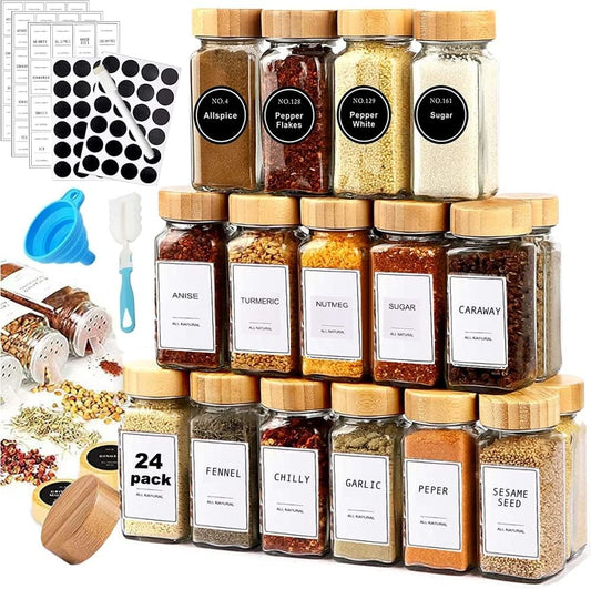 24 Pcs Glass Spice Jars, 120ml Square Spice Containers with Spice Labels, Shaker Lids  and Whiteboard Pen Included