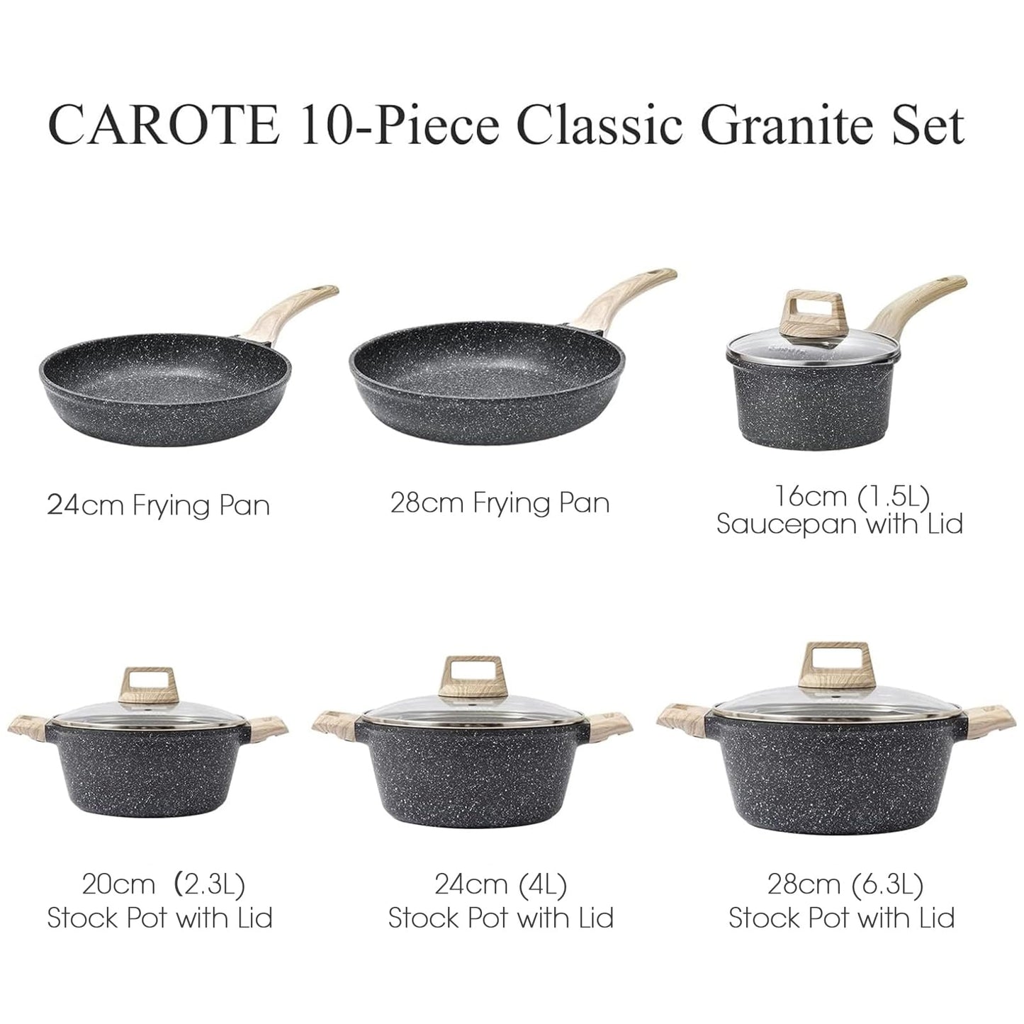 CAROTE Nonstick Granite Cookware Sets, 10 Pcs Pots and Pans Set, Non-Stick Kitchen Induction Cooking Set with Frying Pans, Saucepan